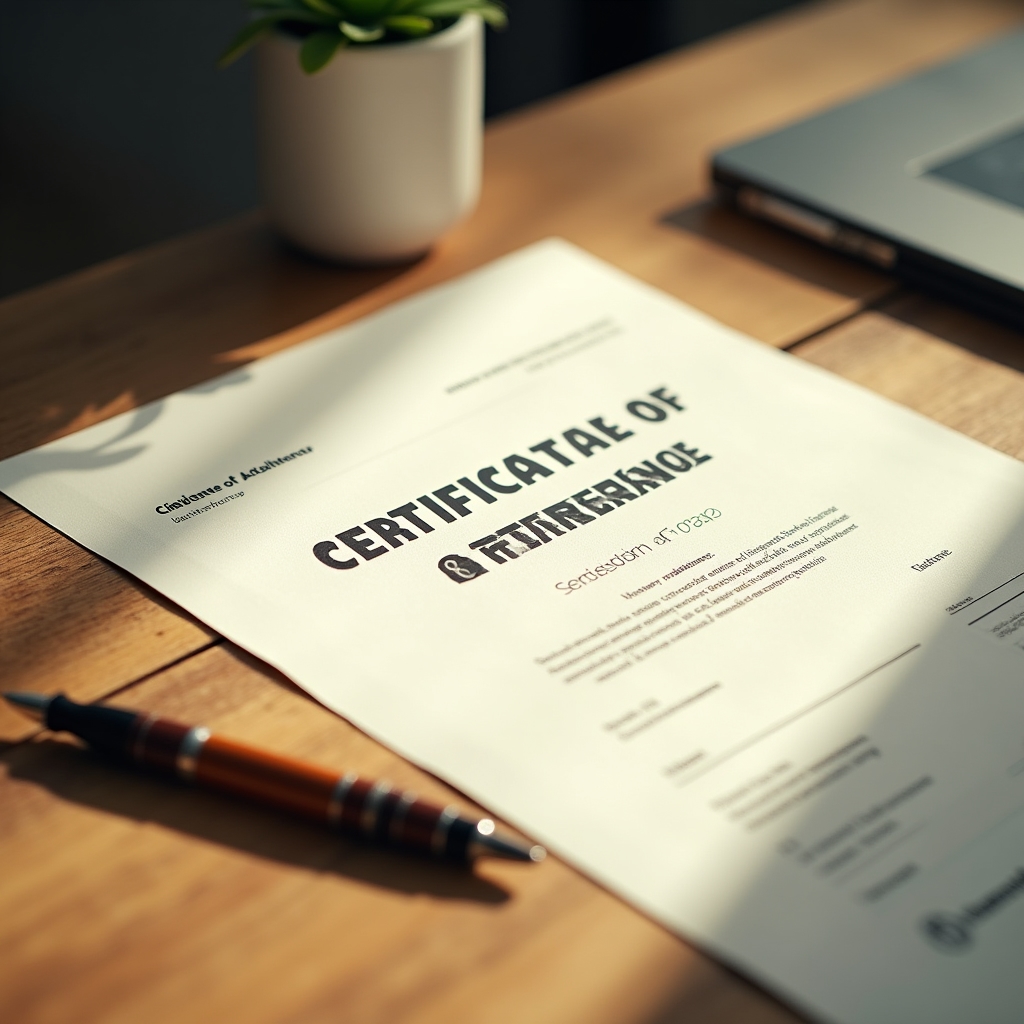 Certificado de asistencia impreso sobre un escritorio de madera junto a un bolígrafo