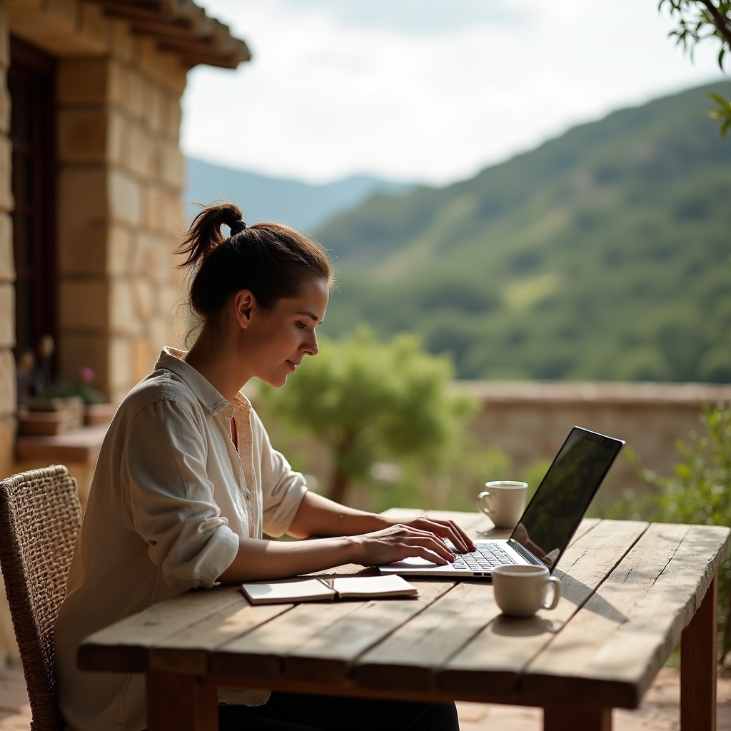 Terraza de una casa rural con un portátil abierto sobre una mesa de madera junto al paisaje
